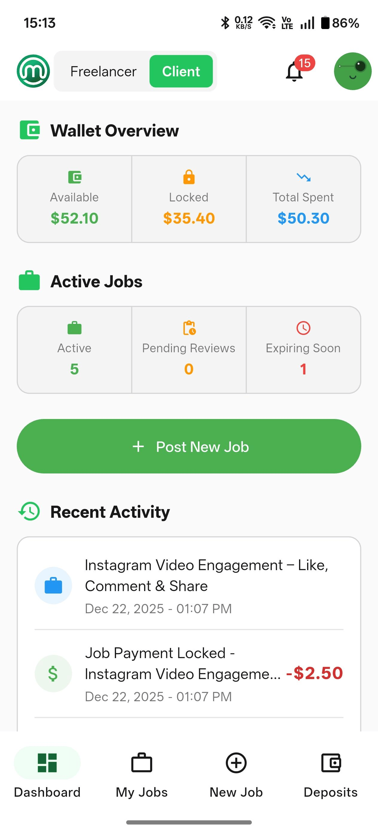 PskWork mobile app dashboard