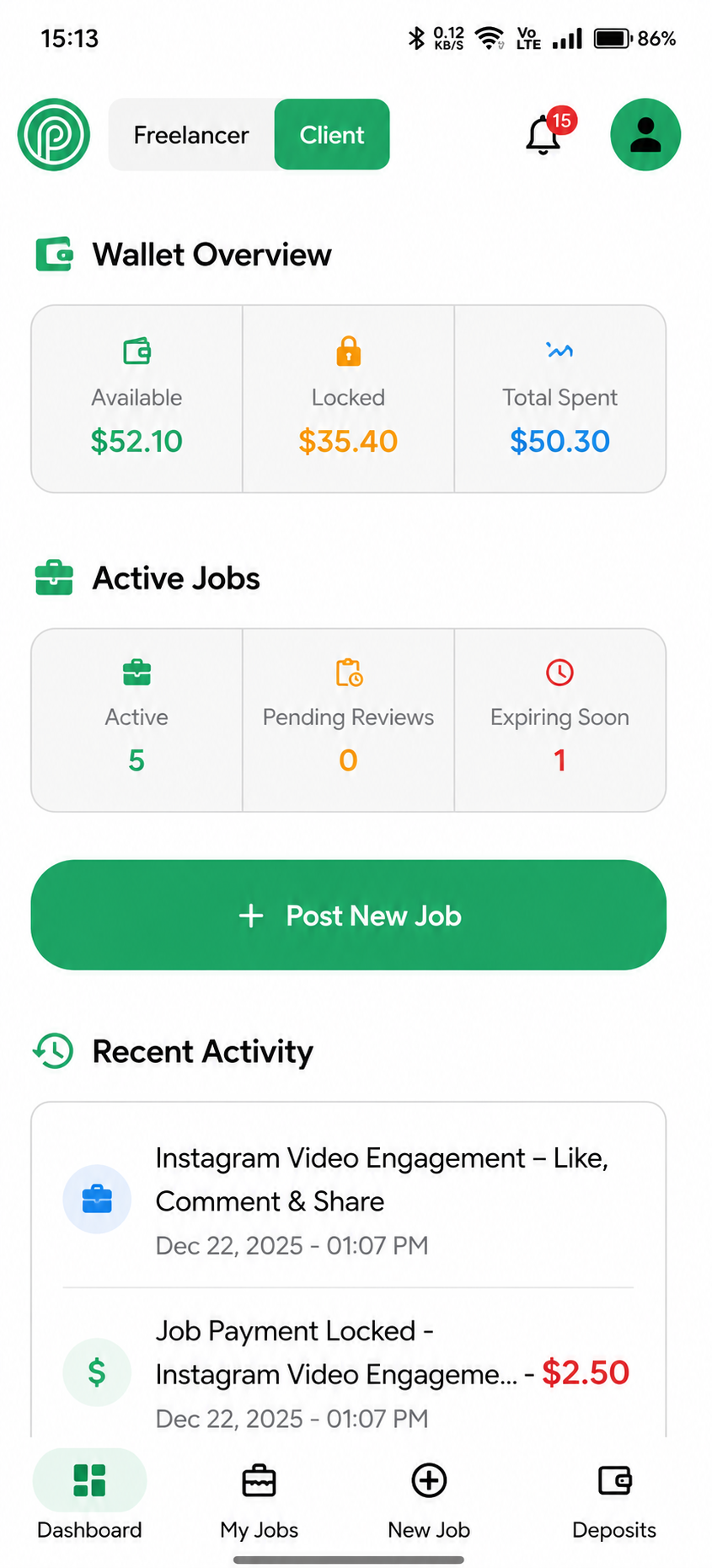 PskWork mobile app dashboard
